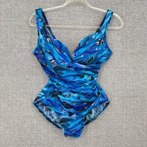 Miraclesuit One Piece Swimsuit Women Sz 8 Blue Abstract Ruched Slimming Boho